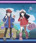  1boy 1girl :o backpack bag black_hair boots closed_mouth coat commentary copyright_name dreambig drifloon duffel_bag eyelashes floating_hair full_body grey_eyes hair_ornament hairclip hand_up hands_up hat highres hikari_(pokemon) holding holding_poke_ball holding_strap long_hair lucas_(pokemon) open_clothes open_coat outline over-kneehighs pants pink_bag pink_footwear poke_ball poke_ball_(basic) pokemon pokemon_(creature) pokemon_(game) pokemon_bdsp red_coat red_headwear red_sweater scarf shoes short_hair sidelocks smile sneakers standing sweater thigh-highs watermark white_bag white_headwear white_legwear white_scarf 