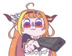  1girl :3 aiming_at_viewer anger_vein bkub_(style) finger_on_trigger gun hairband handgun holding holding_gun holding_weapon hololive horns kiryu_coco kukie-nyan long_hair looking_at_viewer multicolored_hair orange_hair pistol poptepipic red_eyes shaded_face simple_background solo streaked_hair twitter_username two-tone_hair upper_body violet_eyes virtual_youtuber weapon white_background wide-eyed 