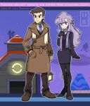  1boy 1girl anabel_(pokemon) bangs black_legwear brown_coat brown_eyes brown_footwear brown_hair brown_pants buttons closed_mouth coat collared_shirt commentary copyright_name dreambig drifblim frown full_body glameow gloves hair_ribbon hand_in_pocket hand_up high_heels highres long_hair looker_(pokemon) pants pantyhose pokemon pokemon_(game) pokemon_bdsp purple_hair ribbon scarf shirt shoes short_hair sidelocks silhouette split_mouth standing watermark white_shirt 