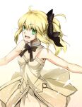  1girl artoria_pendragon_(all) black_bow blonde_hair bow breastplate dress eyebrows_visible_through_hair fate/grand_order fate/unlimited_codes fate_(series) faulds floating_hair gauntlets green_eyes hair_between_eyes hair_bow hands_on_hilt highres long_hair looking_at_viewer outdoors petals ponytail ryu_mistrhea saber_lily signature sleeveless sleeveless_dress solo standing white_dress 