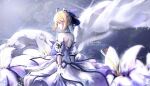  1girl artoria_pendragon_(all) black_bow blonde_hair bow breastplate dress eyebrows_visible_through_hair fate/grand_order fate/unlimited_codes fate_(series) faulds floating_hair gauntlets green_eyes hair_between_eyes hair_bow hands_on_hilt highres long_hair looking_at_viewer outdoors petals ponytail saber_lily saniisan signature sleeveless sleeveless_dress solo standing white_dress 
