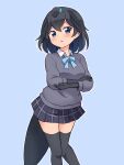  1girl absurdres adapted_costume alpine_marmot_(kemono_friends) alpine_marmot_(kemono_friends)_(cosplay) alternate_costume bird_girl bird_tail bird_wings black_gloves black_hair black_legwear black_skirt blue_background blue_bow blue_bowtie blue_eyes blush bow bowtie collared_shirt cosplay cowboy_shot elbow_gloves eyebrows_visible_through_hair gloves grey_sweater hair_tie head_wings highres kemono_friends looking_at_viewer outline plaid plaid_skirt pleated_skirt shiraha_maru shirt short_hair simple_background skirt solo superb_bird-of-paradise_(kemono_friends) sweater tail thigh-highs white_outline white_shirt wings zettai_ryouiki 