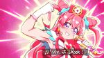  1girl armpits blush bow brooch cure_precious delicious_party_precure double_bun earrings gloves grin hair_bow hair_cones heart_brooch highres holding jewelry long_hair looking_at_viewer magical_girl nagomi_yui pink_background pink_hair precure red_bow rin_takanashi_glacies smile solo two_side_up upper_body violet_eyes white_gloves 