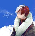 1boy ak_ot blue_eyes blue_sky boku_no_hero_academia breath burn_scar character_name cold dated ear_piercing english_text from_side fur-trimmed_jacket fur_trim hair_blowing happy_birthday high_collar highres jacket light_smile male_focus mountainous_horizon multicolored_hair multiple_piercings piercing profile redhead scar scar_on_face short_hair sky snow solo split-color_hair star_(symbol) todoroki_shouto two-tone_hair white_hair 