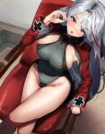  1girl adapted_costume azur_lane blush breasts chair crossed_legs eyebrows_visible_through_hair from_above greengerx grey_leotard indoors large_breasts leotard long_hair looking_at_viewer looking_up mole mole_on_breast multicolored_hair prinz_eugen_(azur_lane) red_eyes red_sleeves redhead shiny shiny_skin sideboob silver_hair sitting skindentation solo streaked_hair tongue tongue_out two-tone_hair very_long_hair 