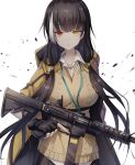  1girl bangs black_gloves black_hair breasts brown_vest closed_mouth eyebrows_visible_through_hair fingerless_gloves girls_frontline gloves gun hair_ornament hairclip heterochromia highres holding holding_gun holding_weapon hood hooded_jacket id_card jacket kogarashi_kon long_hair looking_at_viewer multicolored_hair open_clothes open_jacket red_eyes ro635 ro635_(girls&#039;_frontline) shirt solo upper_body vest weapon white_background white_shirt yellow_eyes yellow_jacket 