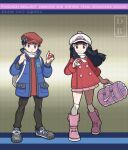 1boy 1girl :o backpack bag black_hair blue_coat boots closed_mouth coat commentary copyright_name dreambig duffel_bag eyelashes floating_hair full_body grey_eyes grey_footwear hair_ornament hairclip hand_up hat highres hikari_(pokemon) holding holding_poke_ball long_hair long_sleeves lucas_(pokemon) outline over-kneehighs pants pink_bag pink_footwear poke_ball poke_ball_(basic) pokemon pokemon_(game) pokemon_bdsp red_coat red_headwear red_sweater scarf shoes short_hair sidelocks smile standing sweater thigh-highs watermark white_bag white_headwear white_legwear white_scarf 