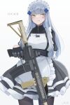  1girl alternate_costume arm_behind_back artist_name assault_rifle bangs black_gloves black_legwear blue_hair character_name chcn enmaided eyebrows_visible_through_hair feet_out_of_frame girls_frontline gloves green_eyes gun h&amp;k_hk416 hair_ornament hairclip highres hk416_(girls&#039;_frontline) holding holding_gun holding_weapon long_hair looking_up maid pantyhose rifle solo standing teardrop_facial_mark teardrop_tattoo weapon white_background 