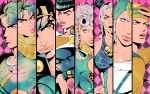  1girl 6+boys beanie blonde_hair blue_hair braid bug cigarette column_lineup diamond_wa_kudakenai dixie_cup_hat double_bun giorno_giovanna hat higashikata_josuke higashikata_josuke_(jojolion) highres johnny_joestar jojo_no_kimyou_na_bouken jojolion jonathan_joestar joseph_joestar joseph_joestar_(young) kujo_jolyne kujo_jotaro ladybug lips marion-ville military_hat multicolored_hair multiple_boys phantom_blood pompadour scarf spiky_hair stardust_crusaders steel_ball_run stone_ocean striped striped_scarf two-tone_hair vento_aureo 