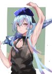  1boy absurdres androgynous aofo arknights armpits arms_up blue_hair earrings hat highres jewelry looking_to_the_side mizuki_(arknights) multicolored_hair pale_skin purple_hair sweat tank_top violet_eyes 