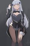  1girl alternate_costume arm_up artist_name bangs black_bow black_bowtie black_jacket black_legwear blue_hair bow bowtie breasts chcn closed_mouth eyebrows_visible_through_hair feet_out_of_frame girls_frontline green_eyes hair_ornament hairclip hand_on_leg highres hk416_(girls&#039;_frontline) jacket long_hair looking_at_viewer pantyhose playboy_bunny simple_background smile solo standing teardrop_facial_mark teardrop_tattoo 
