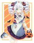  1girl black_sister blush breasts caro-xy drill_hair elbow_gloves gloves green_eyes halloween long_hair neptune_(series) one_eye_closed power_symbol silver_hair simple_background small_breasts solo symbol-shaped_pupils thigh-highs twin_drills 