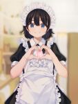  1girl absurdres akr_tmr apron black_hair blue_eyes blush eyebrows_visible_through_hair grin heart heart_hands highres looking_at_viewer maid maid_apron maid_headdress original parted_lips short_hair short_sleeves smile solo sweatdrop teeth 