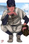  1boy absurdres baseball_cap baseball_jersey baseball_mitt cleats full_body hat highres male_focus mujisane_togoro original signature solo squatting 