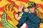  2boys argyle argyle_sweater back-to-back cracked_skin diego_brando dinosaur_tail finger_gun glasgow_smile gloves green_hair helmet jojo_no_kimyou_na_bouken male_focus marion-ville multiple_boys scary_monsters_(stand) stand_(jojo) steel_ball_run sweater tail wristband 