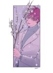 1boy blue_eyes boku_no_hero_academia border branch cherry_blossoms confetti dated flower foreground_text grey_eyes hair_blowing happy_birthday highres holding holding_branch male_focus multicolored_hair outside_border r-o-i redhead short_hair simple_background split-color_hair suit_jacket sweater todoroki_shouto turtleneck turtleneck_sweater twitter_username two-tone_hair white_hair 