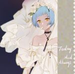  1girl bangs bare_shoulders blue_hair breasts closed_mouth collarbone dress eyebrows_visible_through_hair flower girls_frontline hair_flower hair_ornament jewelry looking_at_viewer necklace official_alternate_costume petals short_hair simple_background small_breasts smile_(mm-l) solo upper_body wedding_dress white_dress yellow_eyes zas_m21_(affections_behind_the_bouquet)_(girls&#039;_frontline) zas_m21_(girls&#039;_frontline) 