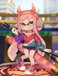  1girl akr_tmr black_shorts blurry blurry_background full_body green_eyes hero_roller_(splatoon) highres inkling long_hair long_sleeves looking_at_viewer parted_lips pink_hair pointy_ears red_footwear shoes shorts smile sneakers solo splatoon_(series) symbol-only_commentary teeth tentacle_hair 