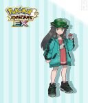  1girl bike_shorts brown_hair buttons camouflage camouflage_headwear clenched_hand closed_mouth coat collarbone commentary copyright_name dreambig eyelashes full_body green_coat hand_up hat highres holding holding_poke_ball leaf_(pokemon) long_hair long_sleeves looking_at_viewer official_alternate_costume open_clothes open_coat pink_shirt poke_ball poke_ball_(basic) pokemon pokemon_(game) pokemon_masters_ex shirt shoes sidelocks smile sneakers solo standing 