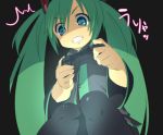  1girl bad_id blue_eyes clenched_teeth controller from_below game_controller green_hair hatsune_miku long_hair necktie pantyhose playing_games playstation sama simple_background sitting solo twintails vocaloid 