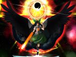  black_hair boots cape fire long_hair red_eyes reiuji_utsuho ribbons skirt stars touhou water weapon wings 