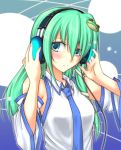  bare_shoulders blue_eyes blush detached_sleeves frog green_hair headphones hellween highres kochiya_sanae long_hair necktie smile snake solo touhou 