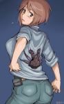  adult ass blush brown_eyes brown_hair casual coconut_crab crab crustacean jeans looking_back rozen_maiden rozenweapon short_hair sleeves_rolled_up souseiseki surprise surprised 