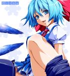  black_legwear black_thighhighs blue_hair blush bow character_name cirno hachimitsu_candy hair_bow ice legs panties pantyshot short_hair solo thigh-highs thighhighs touhou underwear wings 