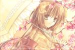  brown_eyes brown_hair flower hair_bow japanese_clothes kimono long_hair min-mu parasol smile solo tree umbrella 