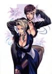  black_eyes blonde_hair blue_eyes breast_hold breasts brown_eyes brown_hair choker cleavage earrings fingernails flower hand_on_head hand_on_hip highres homare_(fool&#039;s_art) homare_(fool's_art) jewelry king_of_fighters large_breasts leaning_forward lipstick long_fingernails long_nails mature_(kof) multiple_girls nail_polish nails neck_ribbon open_mouth pantyhose red_hair redhead ribbon short_hair side_slit snk vice 