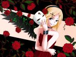   black_wings flower kagamine_rin mask red_dress rose smile solo tagme vocaloid wicked_smile wings  