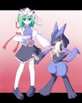  1girl crossover green_eyes green_hair hat lucario miyo_(miyomiyo01) poke_ball pokemon pokemon_(creature) rod_of_remorse shiki_eiki short_hair touhou 