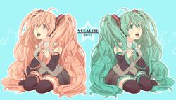  ahoge alternate_color detached_sleeves green_eyes green_hair hand_on_chest hatsune_miku highres nail_polish necktie open_mouth pink_eyes pink_hair sakura_miku singing sitting skirt star symmetry thigh_highs twintails very_long_hair vocaloid 