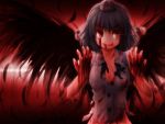  1girl akashio_(loli_ace) black_hair blood cuts feathers hat injury red_eyes shameimaru_aya short_hair torn_clothes touhou wings yandere 