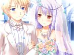   blonde_hair blue_eyes blush chelsea_arcot dress flower game_cg ko~cha long_hair purple_hair red_eyes ribbons short_hair shukufuku_no_campanella wedding  