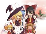 \o/ arms_up bandaid blush blush_stickers bow child cirno drooling fang flandre_scarlet girl hair_bow hakurei_reimu hat hong_meiling horns ibuki_suika kirisame_marisa multiple_girls outstretched_arms piggyback touhou translated translation_request witch_hat young zuzu |_| 