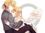  closed_eyes comforting fingerless_gloves forehead_kiss gloves hand_on_head himitsu_~kuro_no_chikai~_(vocaloid) hug kagamine_len kagamine_rin kiri_(lwp01_lav) kiss necktie siblings tears twins vocaloid 