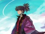  akino_(akin1217) aqua_background black_hair green_eyes male ponytail raven sky smile tales_of_(series) tales_of_vesperia 