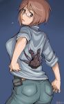  ass bespectacled blush brown_eyes brown_hair casual coconut_crab crab crustacean glasses jeans looking_back rozen_maiden rozenweapon short_hair sleeves_rolled_up souseiseki surprise surprised 