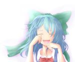  blue_hair bow cirno close-up closed_eyes coconoco commentary hair_bow koko_(bemaec) lens_flare smile tears touhou wiping_tears 
