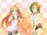  2girls ahoge bike_shorts bow checkered_background earmuffs green_eyes green_hair gumi hair_flower hairband headphones long_hair miki_(vocaloid) open_mouth red_eyes redhead short_hair shorts thigh_highs vocaloid wrist_cuffs 