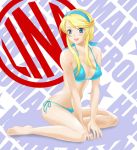  bikini blonde_hair blue_eyes blush breasts feet hairband heroman large_breasts legs lina_davis sitting smile swimsuit thighs tonbidou 