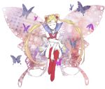  1girl bishoujo_senshi_sailor_moon blonde_hair boots butterfly butterfly_wings double_bun elbow_gloves facial_mark forehead_mark full_body gloves long_hair no_nose realta88 red_boots sailor_collar sailor_moon sitting solo super_sailor_moon twintails wings 