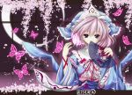  butterfly cherry_blossoms fan hat japanese_clothes kimono moon petals pink_hair ribbons saigyouji_yuyuko short_hair touhou violet_eyes 