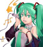  detached_sleeves green_eyes green_hair hatsune_miku long_hair necktie recube smile solo twintails very_long_hair vocaloid 