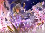  ahoge backlighting blurry cloud clouds depth_of_field detached_sleeves flower glowing green_hair hair_ornament japanese_clothes kamumiya kochiya_sanae light long_hair miko petals sky snake solo standing stars sunlight sunset touhou yellow_eyes 