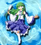 1girl bow detached_sleeves frog green_eyes green_hair hair_bow japanese_clothes kochiya_sanae long_hair miko ruu_(tksymkw) skirt solo touhou