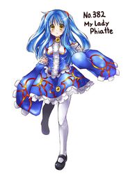  1girl blue_hair blush detached_sleeves female kyogre long_hair mary_janes moemon nintendo pantyhose paopao personification pokemon shoes simple_background solo white_background white_legwear white_pantyhose yellow_eyes 