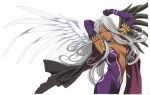  armpits arms_up black_wings bracelet breasts cleavage dark_skin dress elbow_gloves facial_mark forehead_mark gloves goddess highres jewelry long_hair purple_eyes scan solo urd white_hair wings 