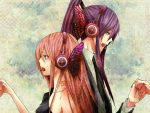  blue_eyes butterfly_wings couple formal headphones holding_hands kamui_gakupo magnet_(vocaloid) megurine_luka nail_polish necktie open_mouth pink_hair ponytail purple_eyes purple_hair singing suit tattoo vocaloid 
